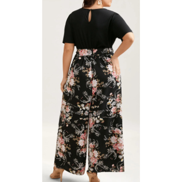 BLOOMCHIC 18-20 2X Plus Black Floral Contrast Belted Pockets Jumpsuit NWT B62 - Picture 2 of 14